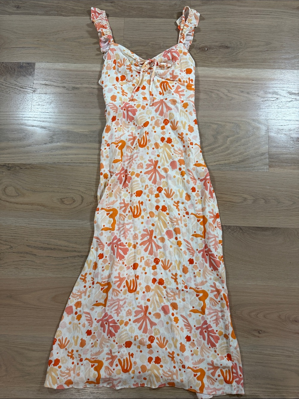 RIXO Shell Squiggle Coral Ruffle Strap Tie Front Midi Dress Size S US 6